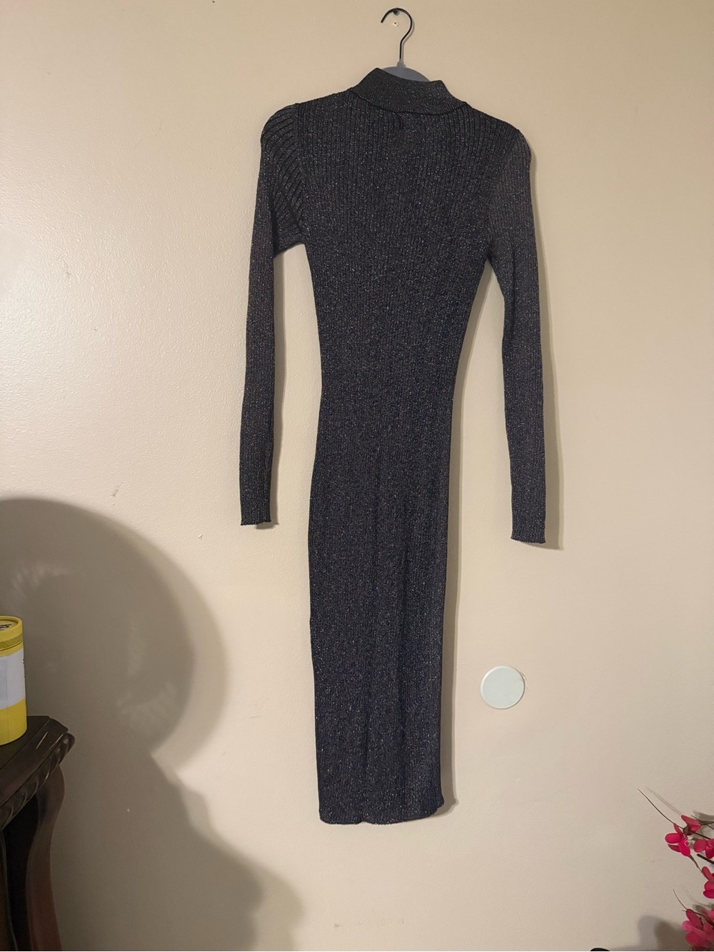 Long Sleeve Metallic Knit Bodycon Dress - Black